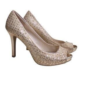 Audrey Brooke Gold Glitter Peep Toe High Heel Platform Pumps Event 7M